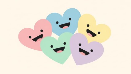 Colorful happy hearts with smiling faces in pastel colors