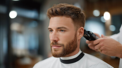 A hairstylist shaping a precise fade haircut in a trendy barbershop, clippers buzzing as clean lines and sharp angles emerge — professional grooming, modern barber culture, and high-detail