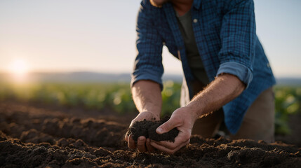 A farmer kneeling in a field, crumbling rich dark soil between their fingers to assess moisture and fertility levels at sunrise, symbolizing sustainable agriculture and land stewardship. cinematic