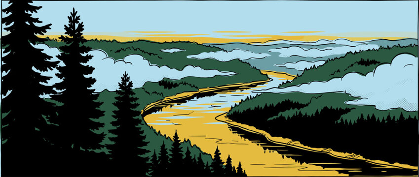 Winding yellow river flows through a green forested valley with misty clouds in a retro comic book style illustration with bold outlines and a limited color palette