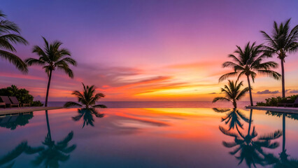 Tropical Paradise with Palm Trees at Sunset.