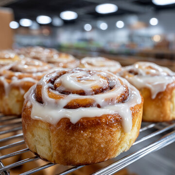 Freshly baked cinnamon rolls with icing in a bakery display.