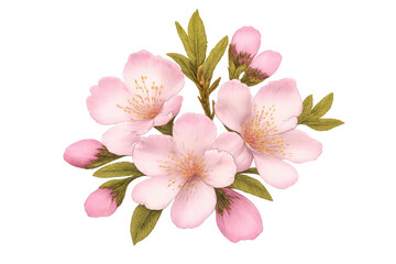 Obraz premium Pink cherry blossom flowers and buds with green leaves blooming, traditional japanese sakura floral illustration on transparent background