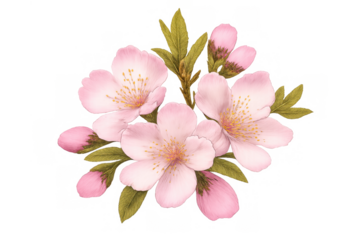 Pink cherry blossom flowers and buds with green leaves blooming, traditional japanese sakura floral illustration on transparent background