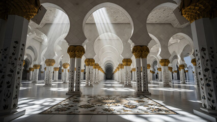 White Mosque Interior with Arches and Columns.