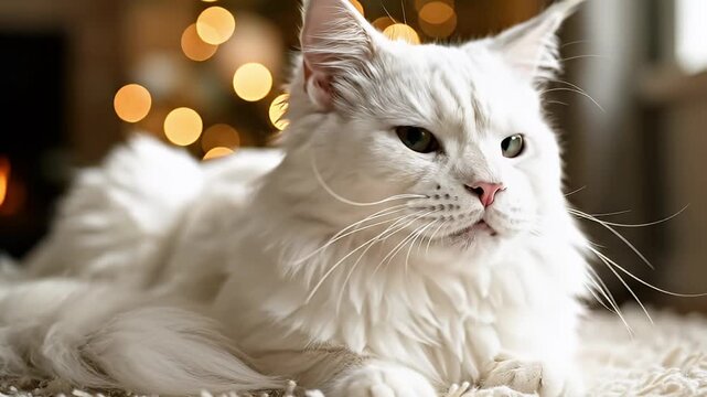 A majestic white fluffy cat rests gracefully on a soft, textured surface, its luxurious fur glowing gently in the warm, ambient light. The animal's striking green eyes are focused, and its delicate pi
