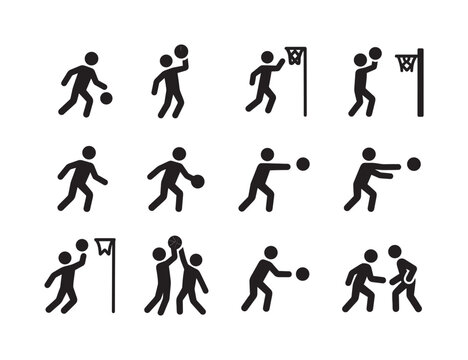 Basketball Icon Set. Basketball moves. Solid icon set of Basketball moves: dribble, jump shot, layup, dunk, crossover, spin move, chest pass, bounce pass,