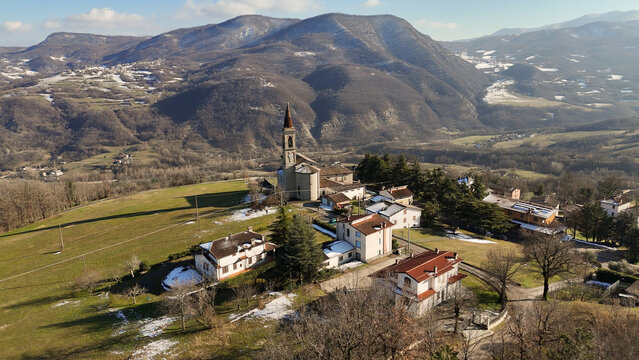 Aerial view of Santi Salvatore e Gallo village in the Emilia Romagna region of Italy