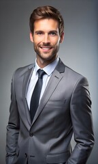 Handsome real estate agent in nice suit on grey background