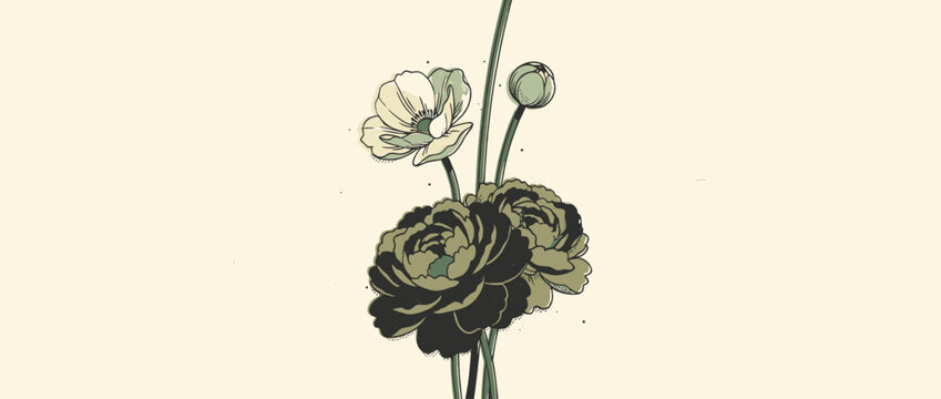 Elegant botanical illustration of green peony and anemone flowers with delicate stems, featuring a minimalist line art style with stippling details and a muted color palette