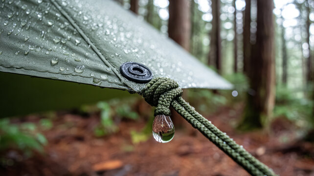 Close-up of a tent tarp with raindrops in a forest setting.