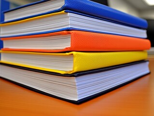 Selective focus. Stack of textbooks organized by subjects on a desk
