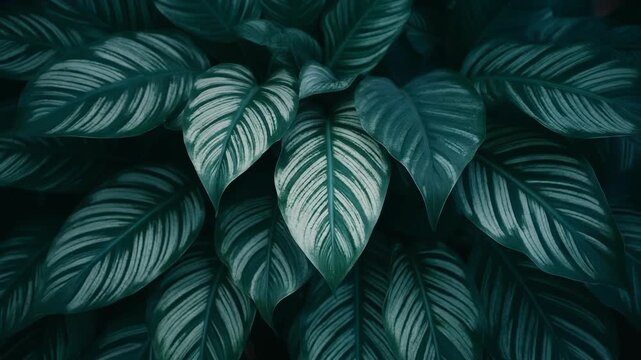 A close-up view of lush green leaves featuring white vein patterns. The scene is darkly lit, emphasizing the plants' intricate details