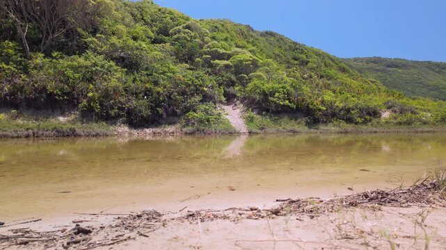 Walking low along natural lagoon on secluded beach Lagoinha do Leste in Florian&oacute;polis, Brazil in Slow motion