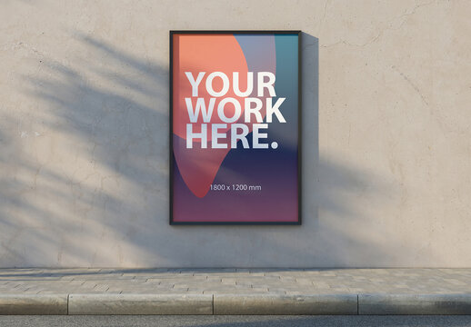 Vertical Poster Mockup in metal frame on the street wall