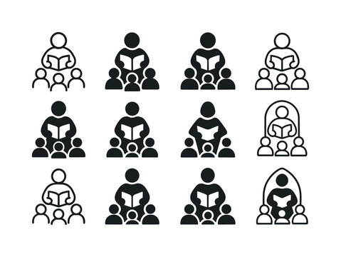 Reading Aloud Icons. Reading aloud to students. Icon set. Set Logo of Reading aloud to students: classroom storytelling scene. harmonious logo variations of