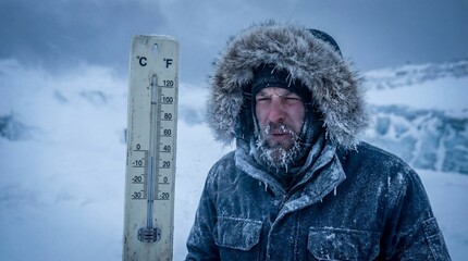 Adult man squinting in extreme winter cold beside an outdoor thermometer in a snowy landscape, survival and climate concept with freezing temperature and frostbite risk