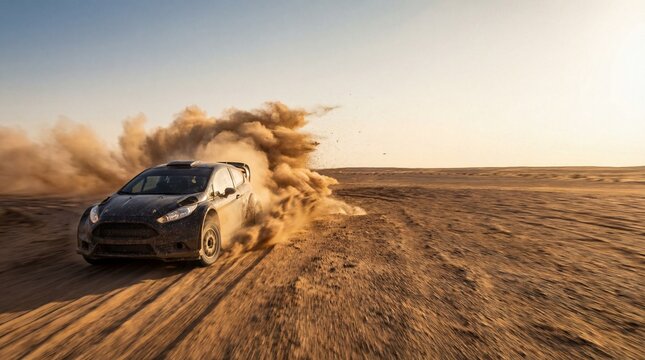 Rally car drifting fast on a dusty desert track at golden hour, off road motorsport action with motion blur, speed and adventure travel in open landscape