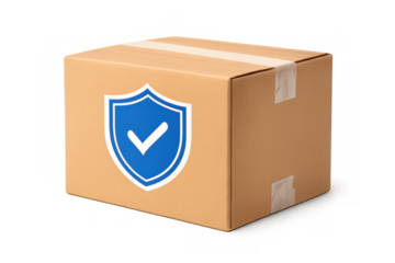 Cardboard box with a security shield and check mark, representing safe, insured, and verified global delivery logistics
