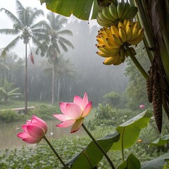 Lotus flowers and bananas in monsoon rain, tropical realism, beautiful background