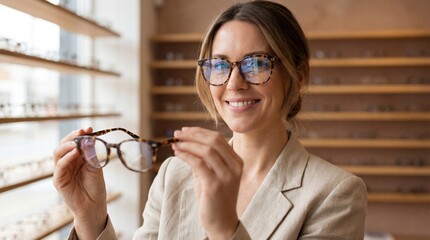 Smiling adult woman trying on eyeglasses in an optical store, customer choosing frame style and vision correction with professional eyewear fitting indoors