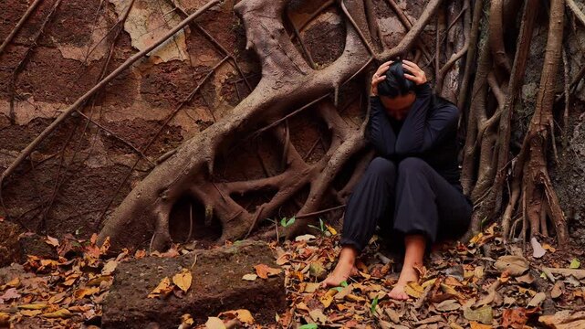 woman sitting on forest floor against large exposed roots holding head in hands showing distress emotion
