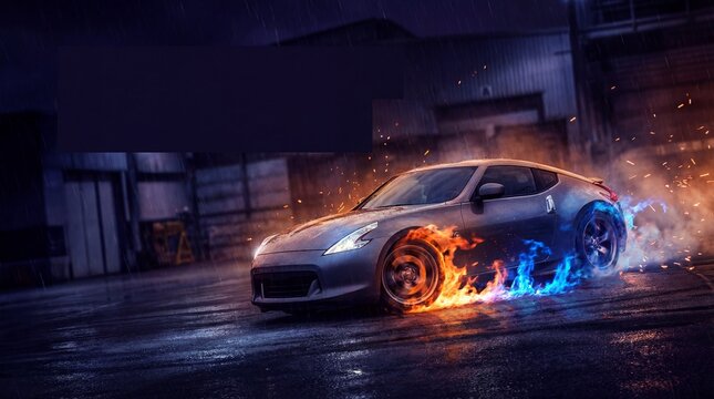 Sports car drifting on wet asphalt at night in heavy rain, burning tire with blue and orange flames and sparks for high speed racing and adrenaline concept