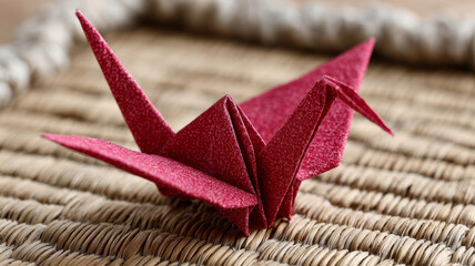 Red origami crane on woven mat surface.