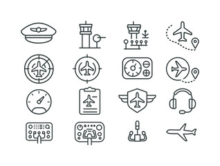 Aviation Icon Set. Airplane. Line icon set of Airplane: pilot cap icon, control tower, runway lights, air traffic control icon, navigation radar, airplane
