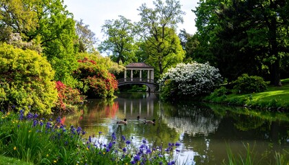 Serene park scene with a bridge over a pond