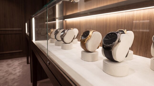 Luxury wristwatches displayed in a glass showcase inside a jewelry store, premium timepiece retail presentation with elegant lighting and consumer shopping concept