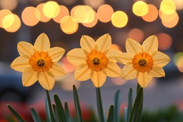 Selective focus. Daffodil blooming in a spring garden with natural light