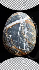 Marble-like egg-shaped stone with white & gold veins, isolated on a black background