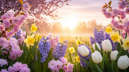 Vibrant spring flowers blooming in garden at sunrise