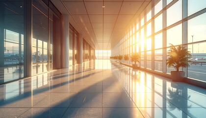 A spacious airport terminal corridor bathed in sunset light with reflective floors and greenery