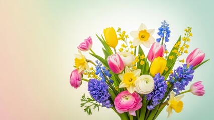 Vibrant spring bouquet with tulips, daffodils, and colorful flowers