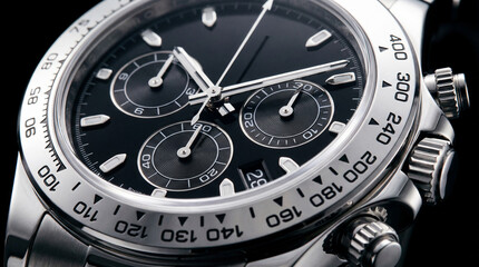 Close up of luxury analog wristwatch with black chronograph dial and stainless steel bezel, precision timekeeping concept for business style and modern accessories