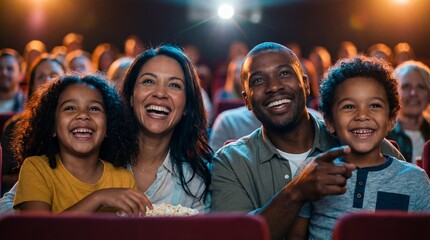 Happy family laughing while watching a movie in a cinema theater, parents and children enjoying entertainment together with popcorn during a night outing