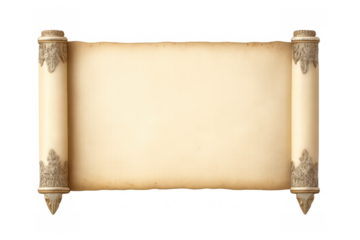 Ancient parchment scroll with decorative ends displaying empty space for text or message on transparent background