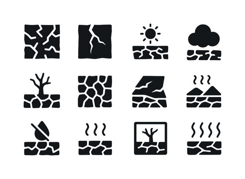 Cracked Earth Icons. cracked earth. Solid icon set of cracked earth: dry soil, deep cracks, barren land, dust cloud, drought tree, parched ground, broken