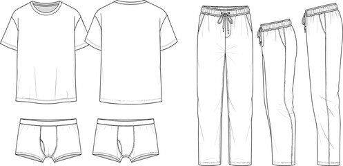 Men’s casual loungewear clothing set fashion flat sketch including t shirt underwear and drawstring pants with front back views