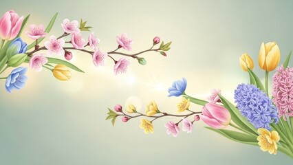 Vibrant spring flowers in bloom on branches with soft background