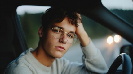 Portrait of a young man sitting in the driver's seat of a car. he is wearing a grey t-shirt and round glasses.