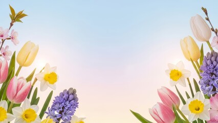 Vibrant spring flowers in bloom against soft pastel background