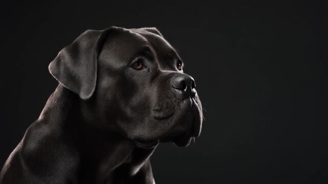 Striking and majestic studio portrait of a powerful black dog, with a noble and calm expression, beautifully highlighted against a dark, minimalist background, conveying strength and dignity