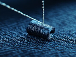 Selective focus. Sewing on blue fabric with needle and thread