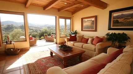 Cozy living room with large windows, mountain view, wood beams, sofas, and warm tones
