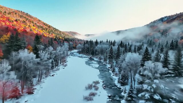 Aerial view of a mountain river valley where autumn colors meet winter snow, with mist hovering over frosted trees b roll for advertising and news