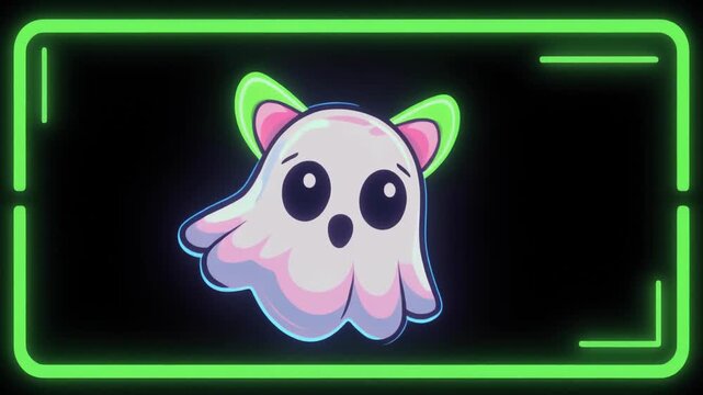 A cute cartoon ghost, with big eyes and a surprised expression, inside a neon green border on a black background