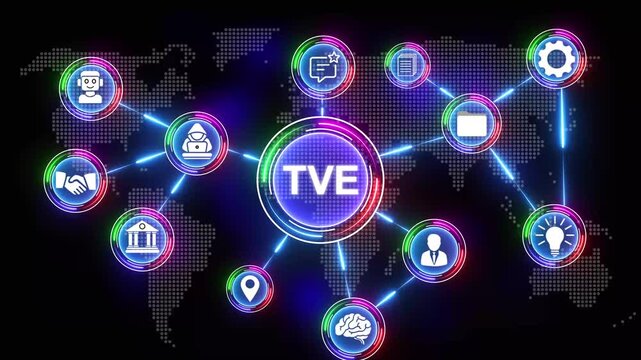 Digital world map with TVE acronym and connected business icons illustration global network